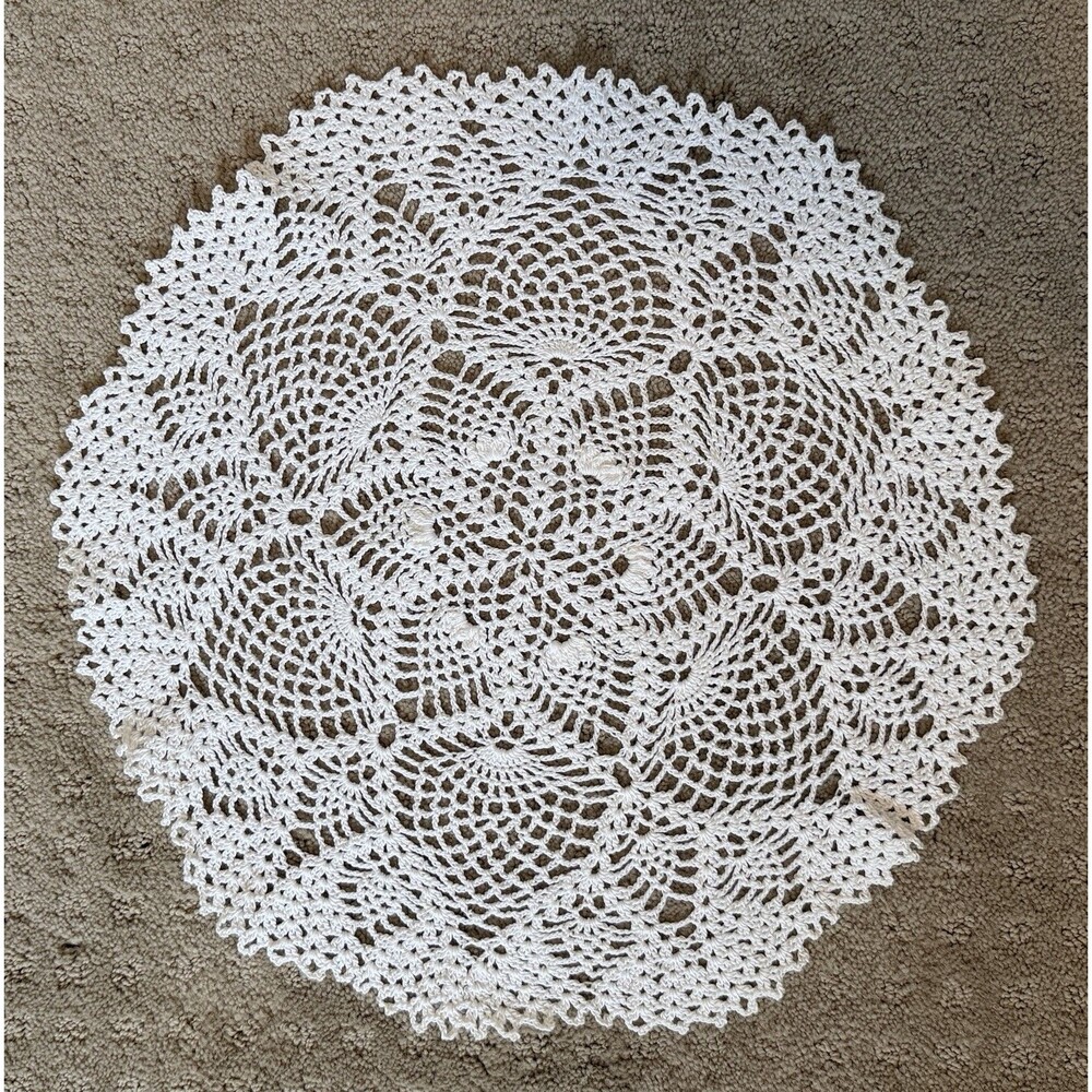 Handmade White Crochet Doily Cotton Lace 16 Inch Vintage Cottagecore Home Decor